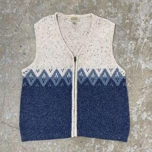 Vintage‎ St Johns Bay Vest Womens 2X White Blue Wool Blend Aztec Nordic Zip